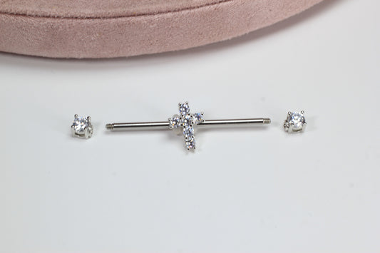14G Cross Industrial Barbell, Dainty Sparkling Gold Jesus Cross Industrial Barbell Piercing, 35mm Barbell Body Jewelry.