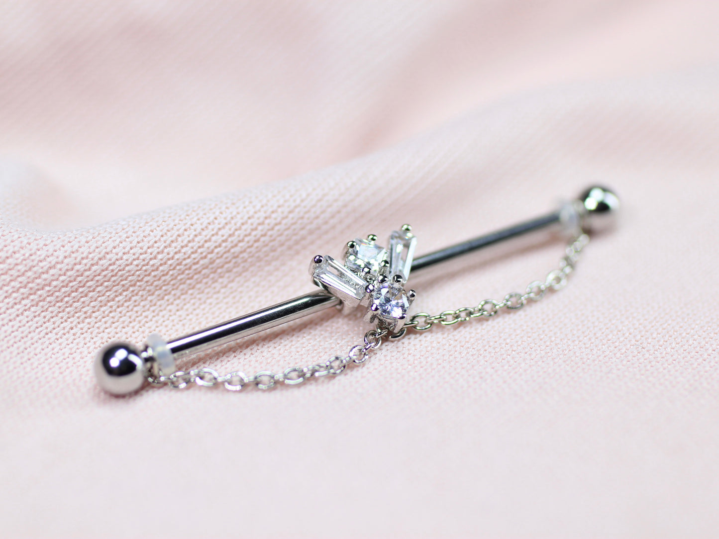 14G Silver Gem Industrial Barbell with Dainty Chain – 38mm Sparkling Gold Industrial Piercing