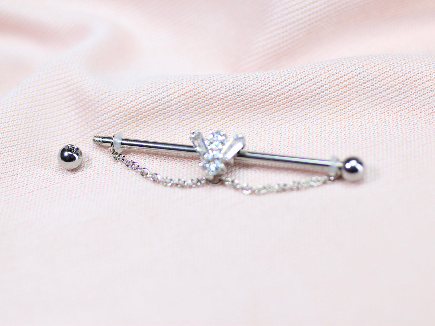 14G Silver Gem Industrial Barbell with Dainty Chain – 38mm Sparkling Gold Industrial Piercing
