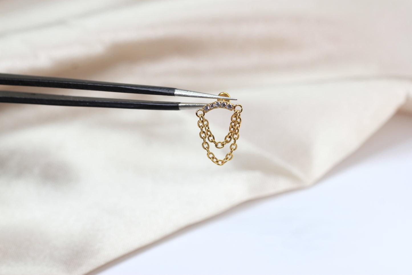14G Silver Gem Industrial Barbell with Dainty Chain – 38mm Sparkling Gold Industrial Piercing