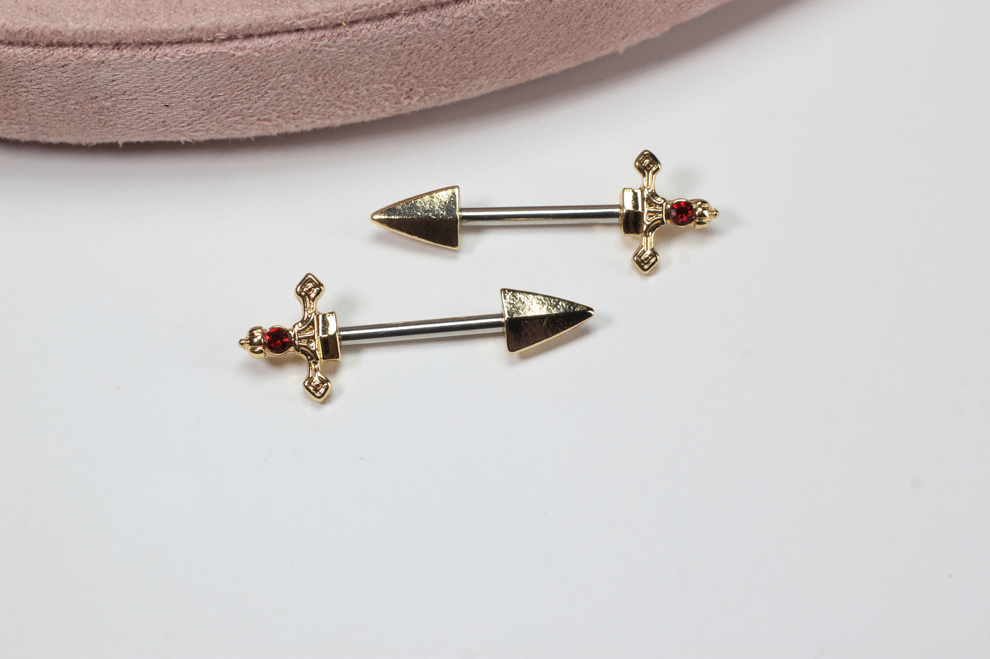 Gold Dagger Nipple Barbell, 14g Dagger Spike End Red Stone Nipple Piercing, Surgical Steel Body Jewelry