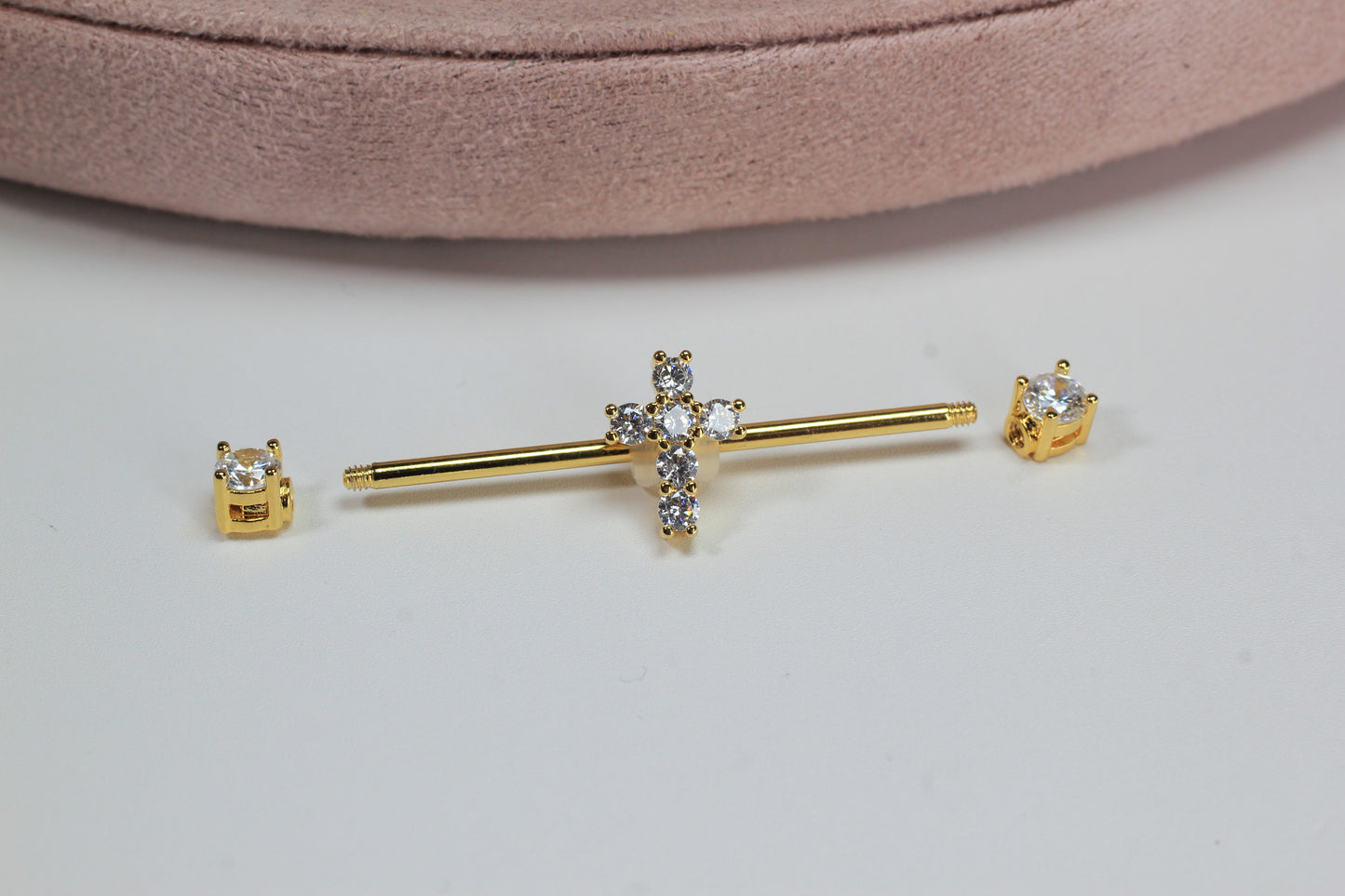 14G Cross Industrial Barbell, Dainty Sparkling Gold Jesus Cross Industrial Barbell Piercing, 35mm Barbell Body Jewelry.