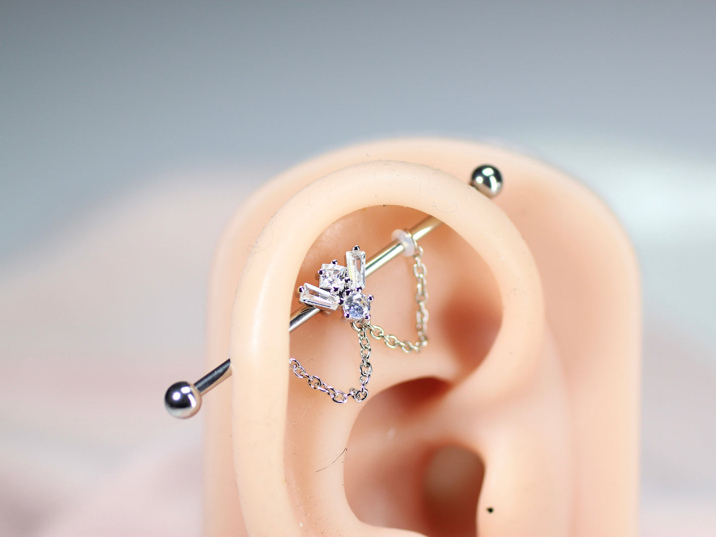 14G Silver Gem Industrial Barbell with Dainty Chain – 38mm Sparkling Gold Industrial Piercing