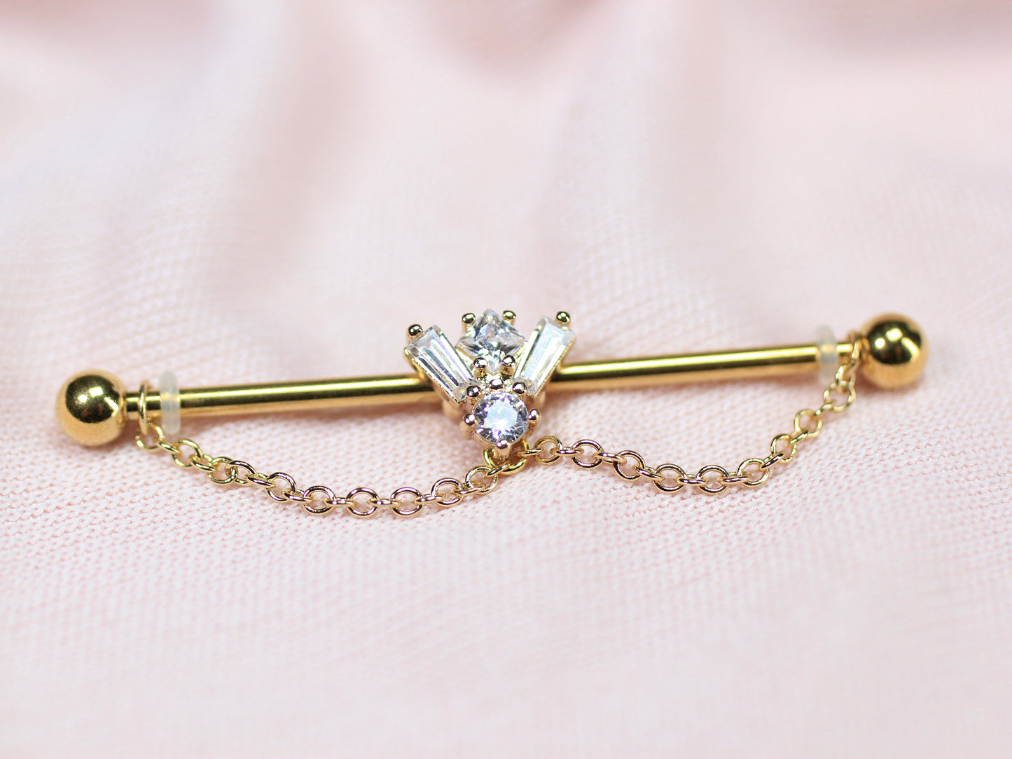 14G Gold Gem Industrial Barbell with Dainty Chain – 38mm Sparkling Gold Industrial Piercing