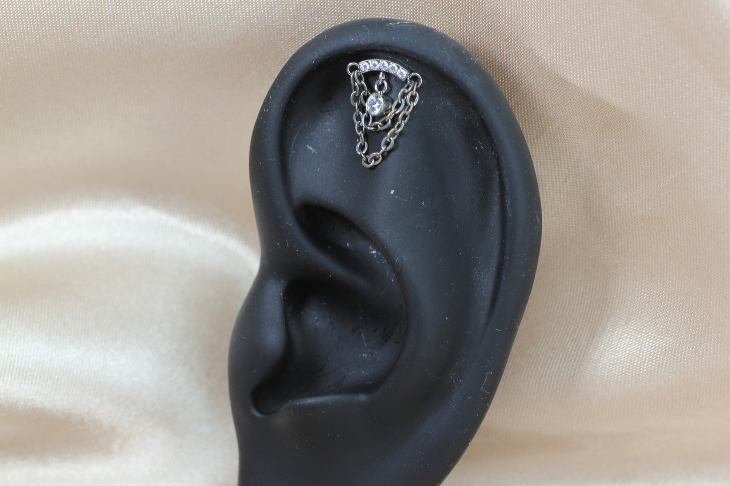 14G Silver Gem Industrial Barbell with Dainty Chain – 38mm Sparkling Gold Industrial Piercing