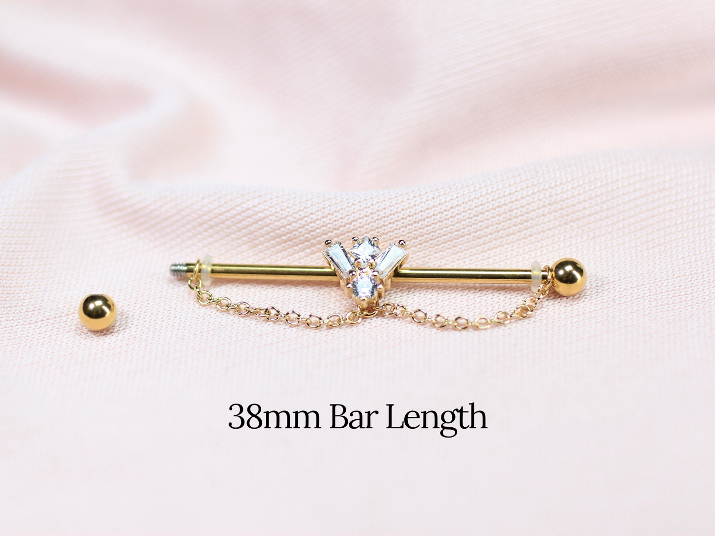 14G Gold Gem Industrial Barbell with Dainty Chain – 38mm Sparkling Gold Industrial Piercing