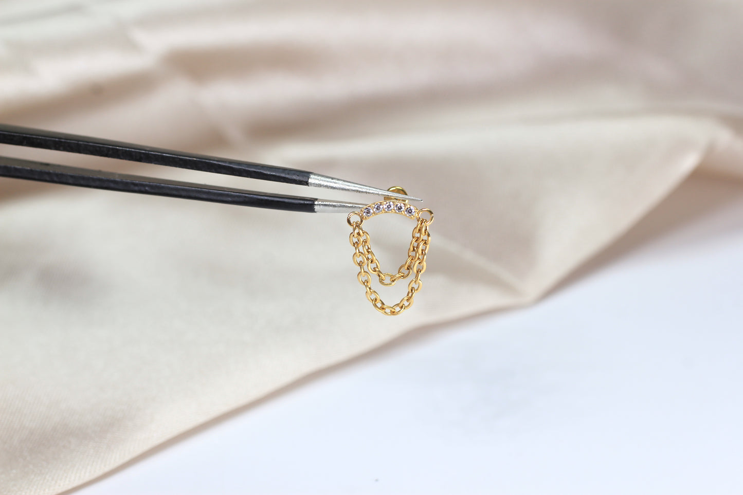 14G Silver Gem Industrial Barbell with Dainty Chain – 38mm Sparkling Gold Industrial Piercing