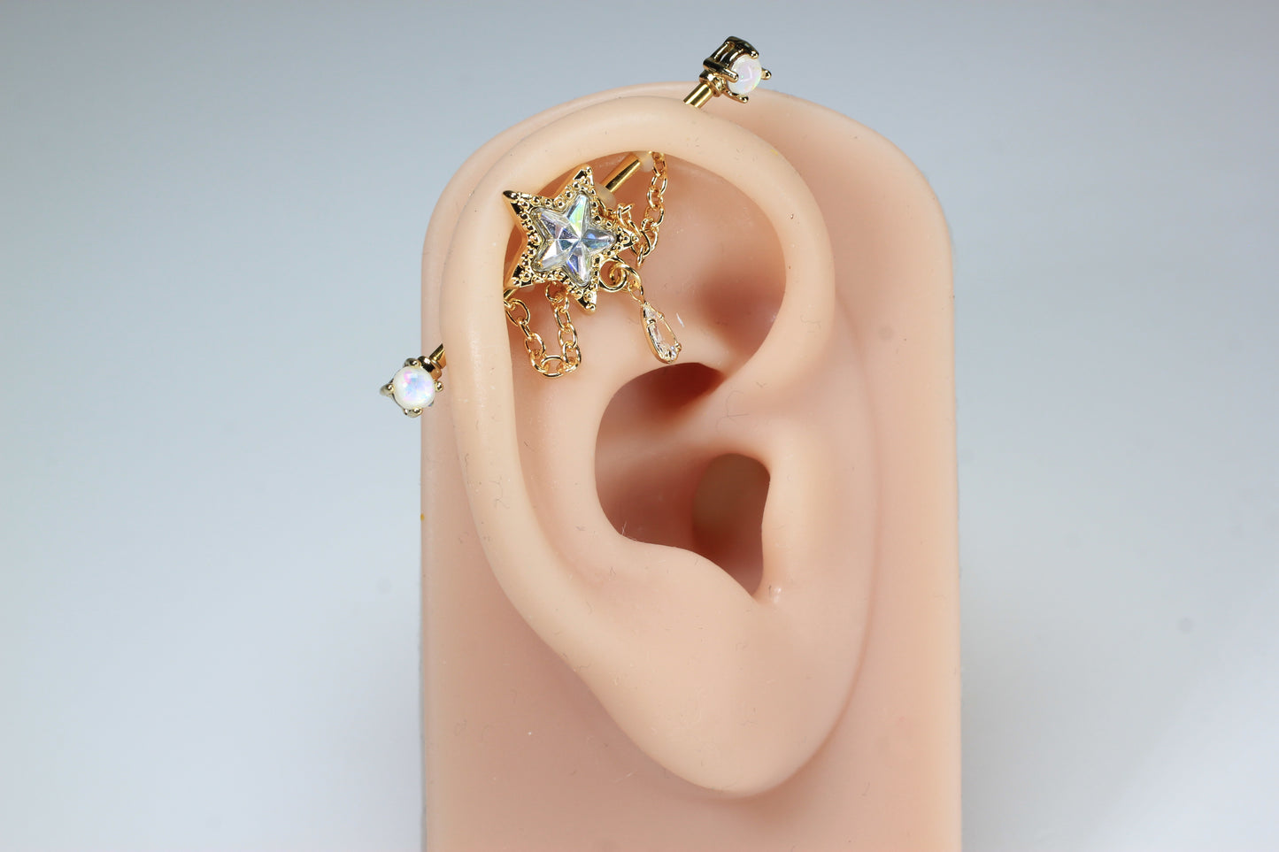 14G Gold Star Industrial Barbell with Chain, Dainty Dangling Star Industrial Piercing, 35mm Cartilage Scaffold Barbell Jewelry