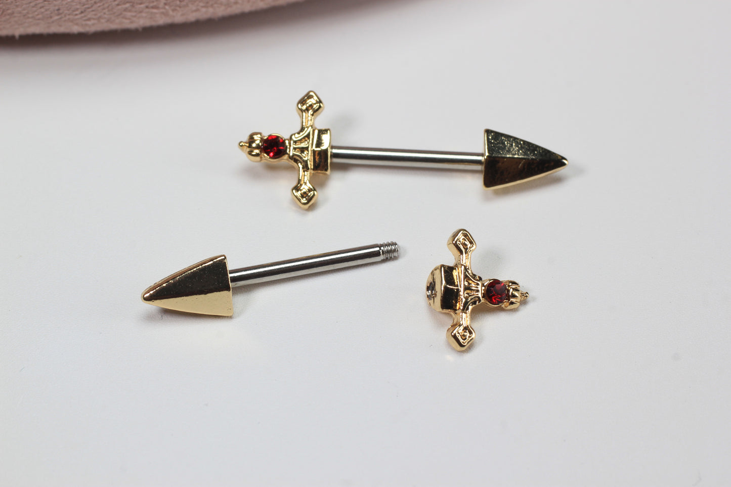 Gold Dagger Nipple Barbell, 14g Dagger Spike End Red Stone Nipple Piercing, Surgical Steel Body Jewelry