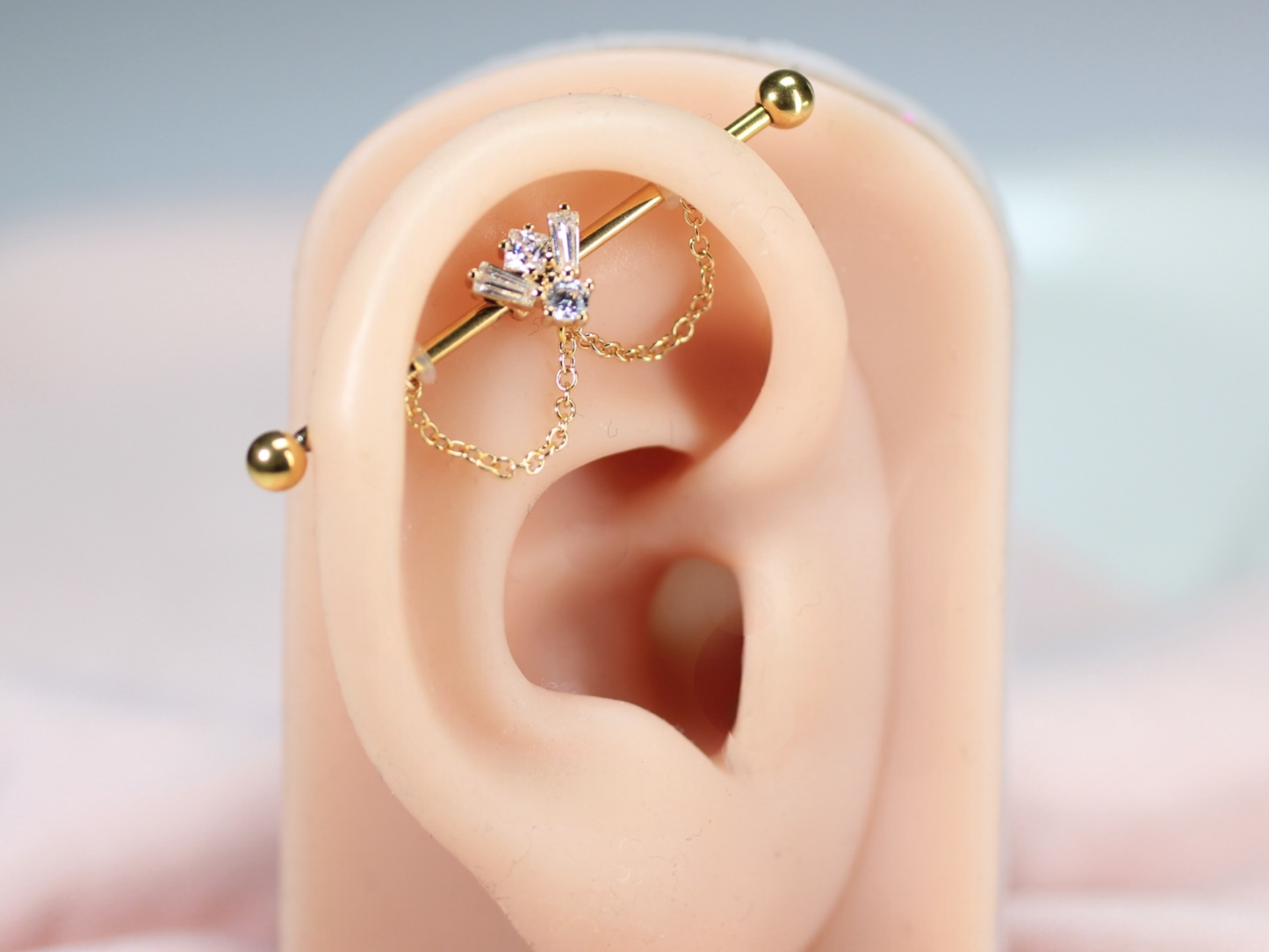 14G Gold Gem Industrial Barbell with Dainty Chain – 38mm Sparkling Gold Industrial Piercing