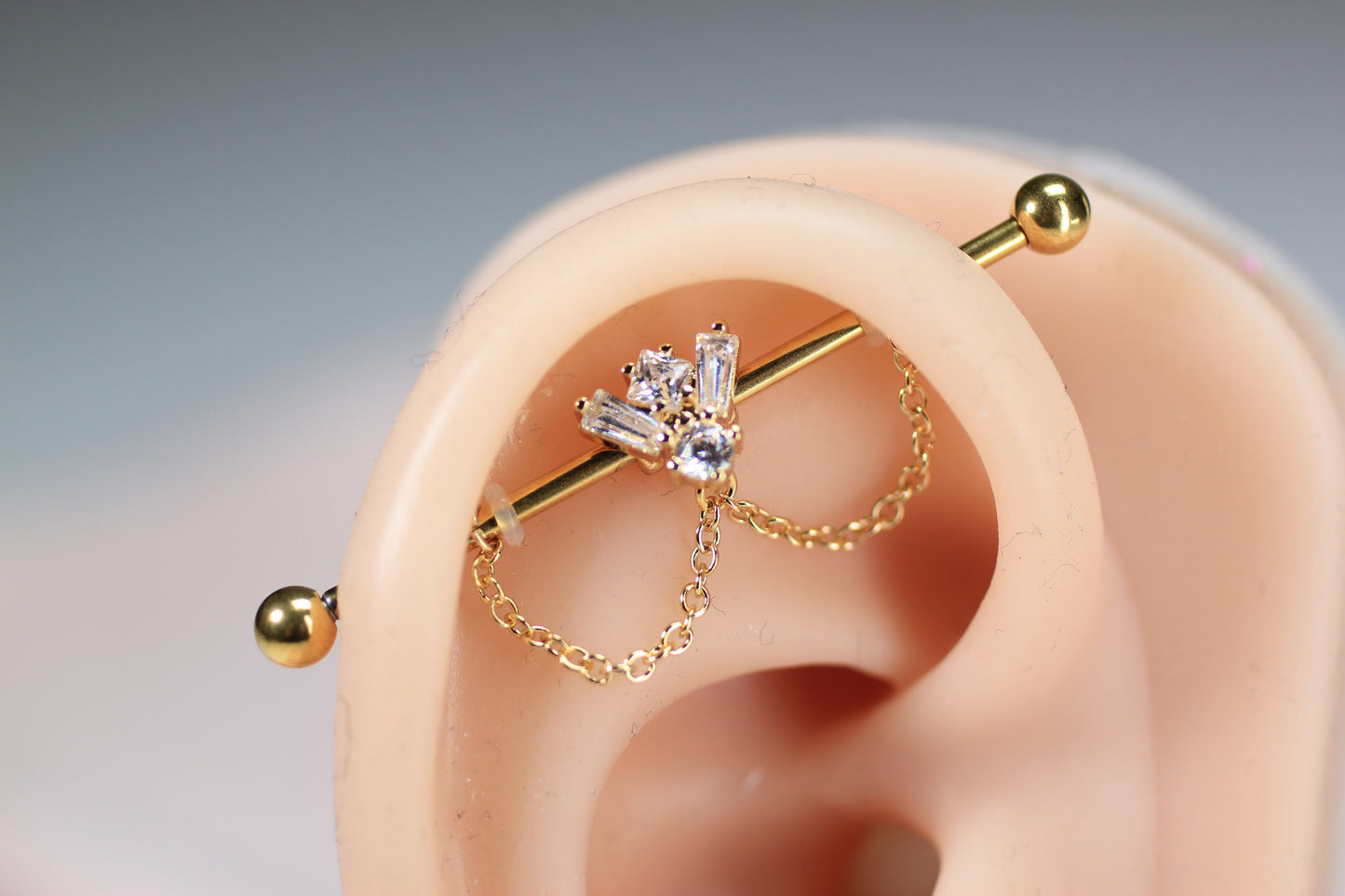 14G Gold Gem Industrial Barbell with Dainty Chain – 38mm Sparkling Gold Industrial Piercing