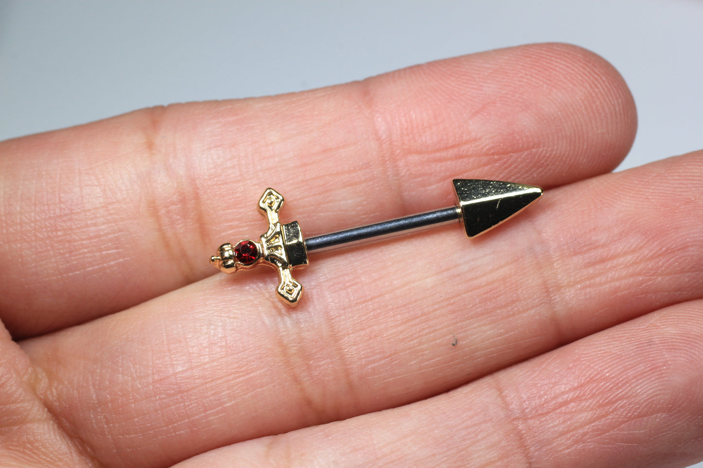 Gold Dagger Nipple Barbell, 14g Dagger Spike End Red Stone Nipple Piercing, Surgical Steel Body Jewelry