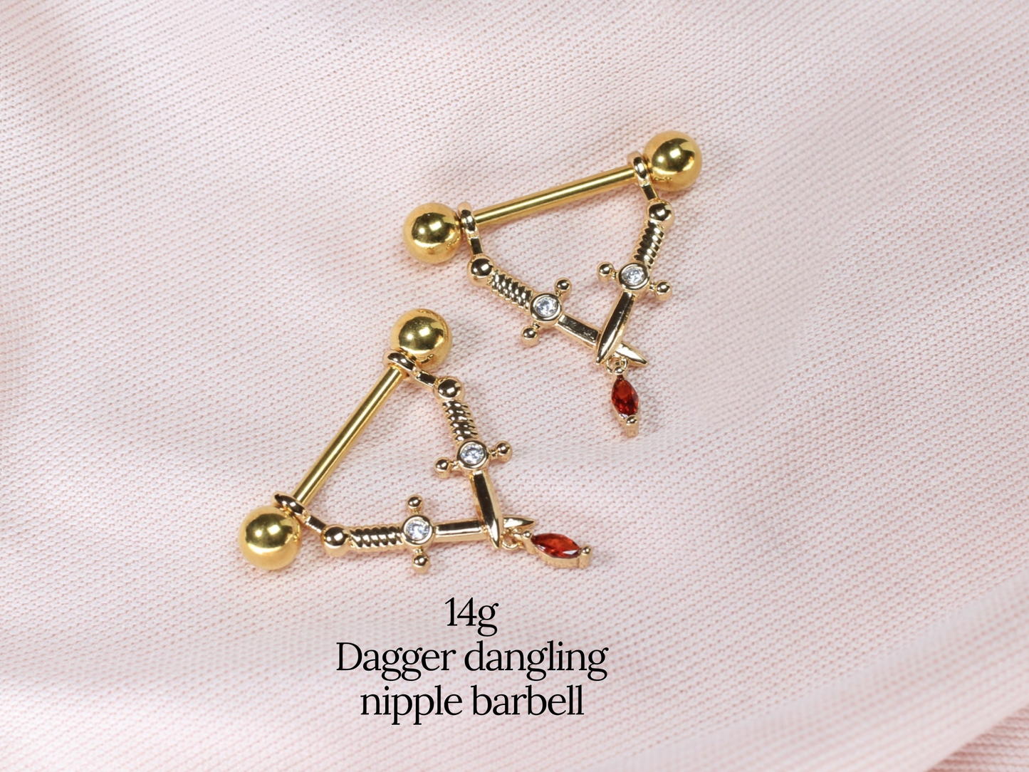 Gold Dagger Nipple Barbell, 14g Pair of Sword Nipple Piercing