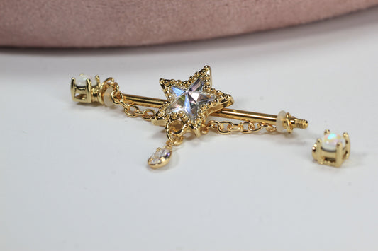 14G Gold Star Industrial Barbell with Chain, Dainty Dangling Star Industrial Piercing, 35mm Cartilage Scaffold Barbell Jewelry