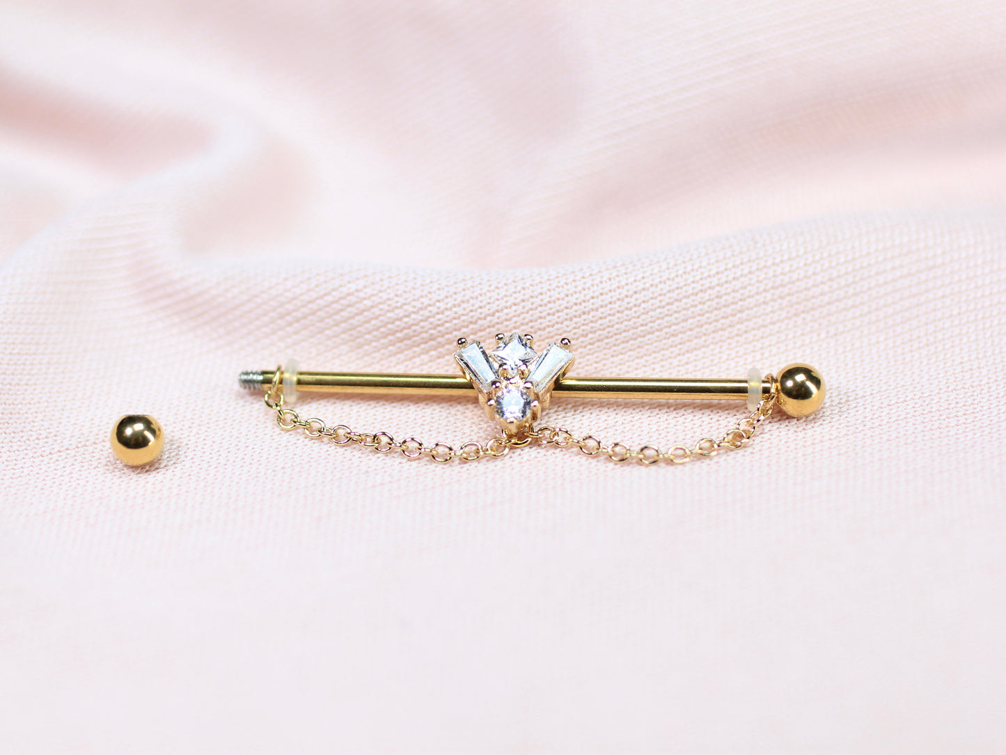 14G Gold Gem Industrial Barbell with Dainty Chain – 38mm Sparkling Gold Industrial Piercing