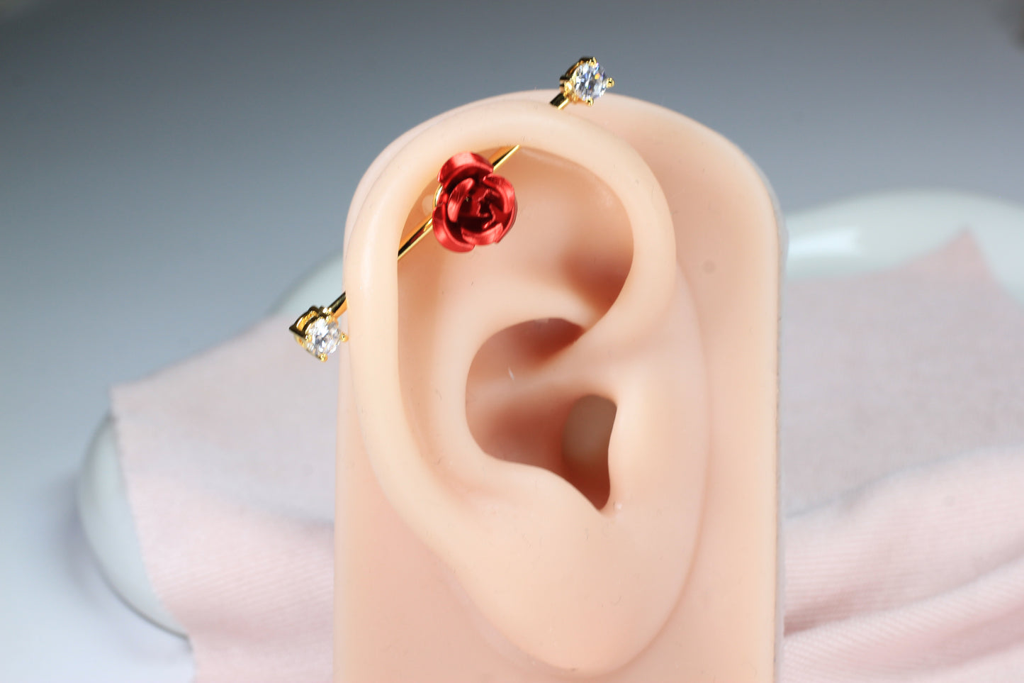 14G Red Rose Floral Industrial Barbell – Dainty Flower Industrial Piercing, 35mm Cartilage Scaffold Barbell Body Jewelry