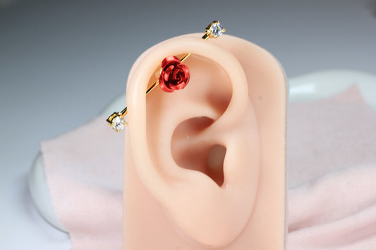 14G Red Rose Floral Industrial Barbell – Dainty Flower Industrial Piercing, 35mm Cartilage Scaffold Barbell Body Jewelry