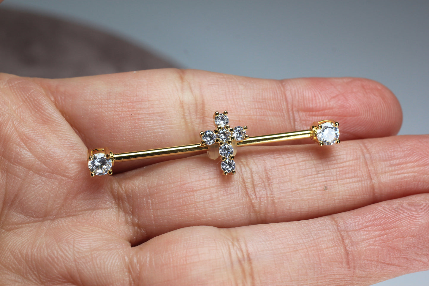 14G Cross Industrial Barbell, Dainty Sparkling Gold Jesus Cross Industrial Barbell Piercing, 35mm Barbell Body Jewelry.