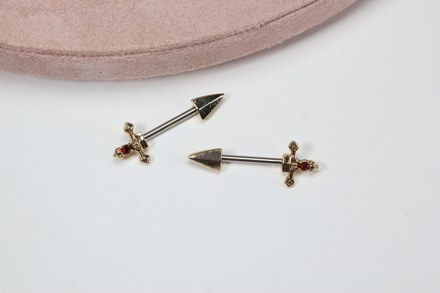 Gold Dagger Nipple Barbell, 14g Dagger Spike End Red Stone Nipple Piercing, Surgical Steel Body Jewelry