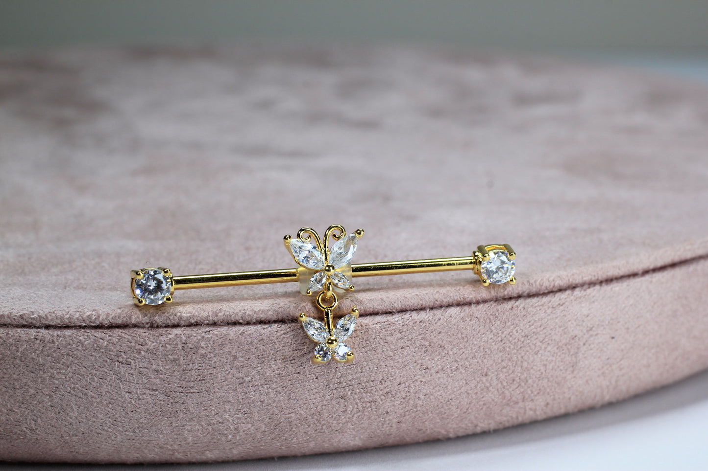 Dangling Gold Butterfly Industrial Barbell.