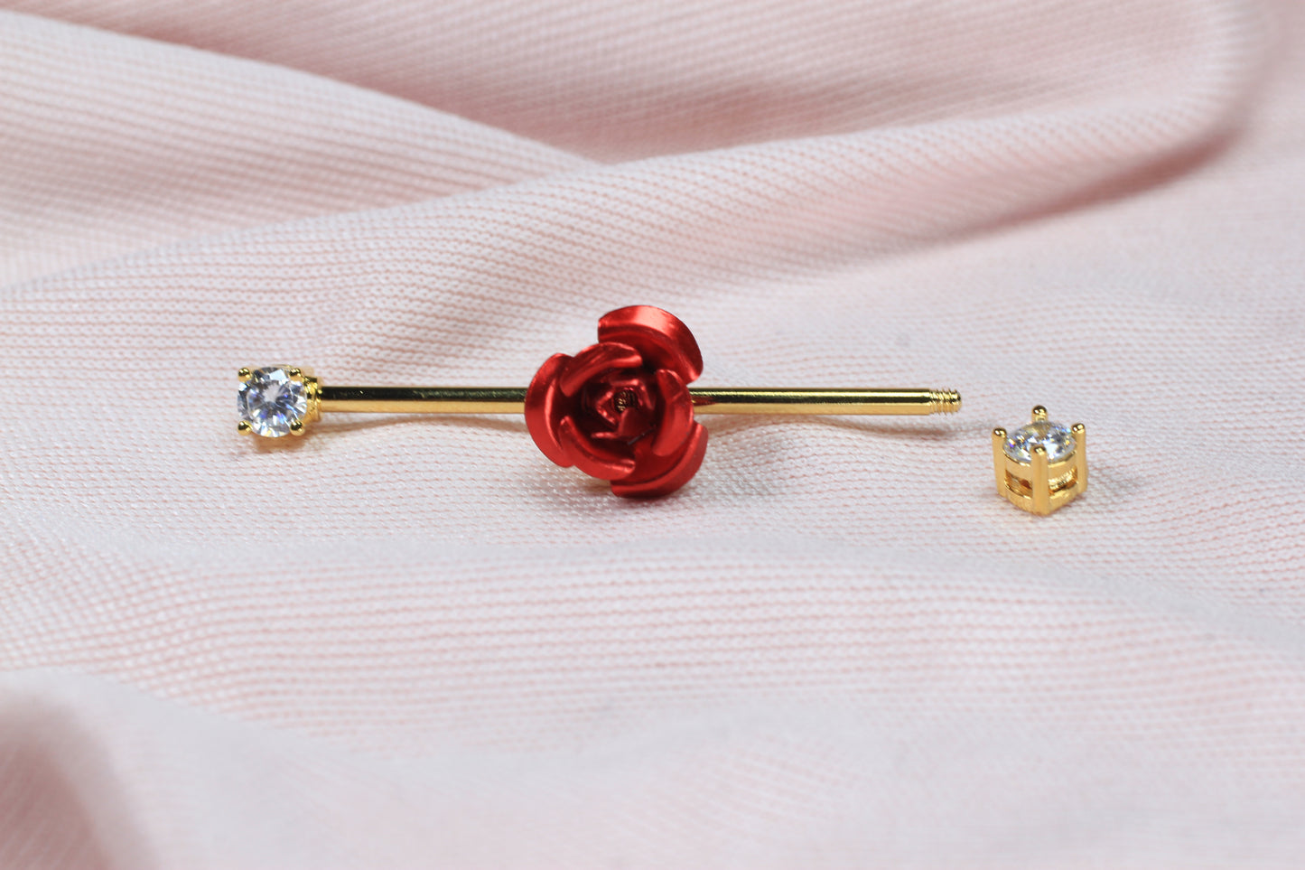 14G Red Rose Floral Industrial Barbell – Dainty Flower Industrial Piercing, 35mm Cartilage Scaffold Barbell Body Jewelry
