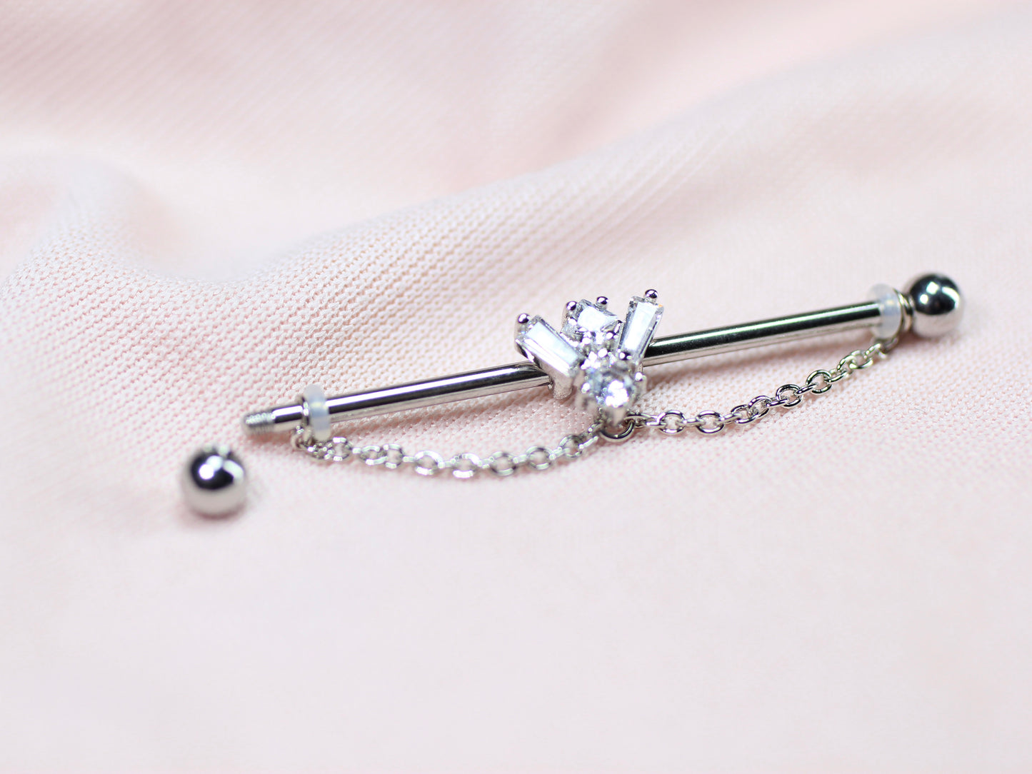 14G Silver Gem Industrial Barbell with Dainty Chain – 38mm Sparkling Gold Industrial Piercing