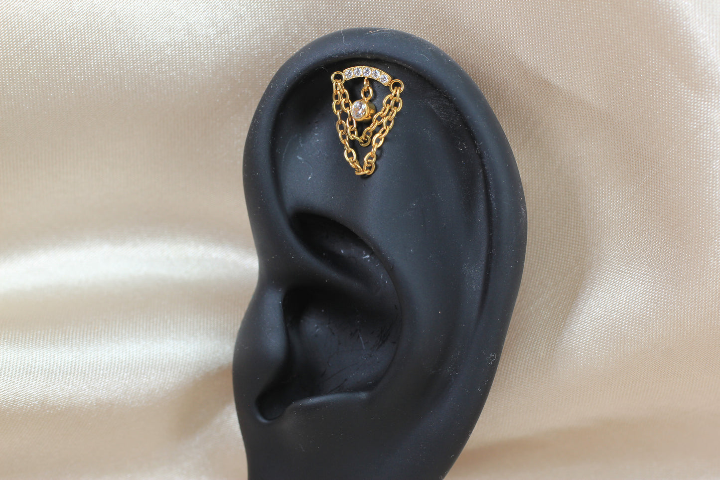 14G Silver Gem Industrial Barbell with Dainty Chain – 38mm Sparkling Gold Industrial Piercing