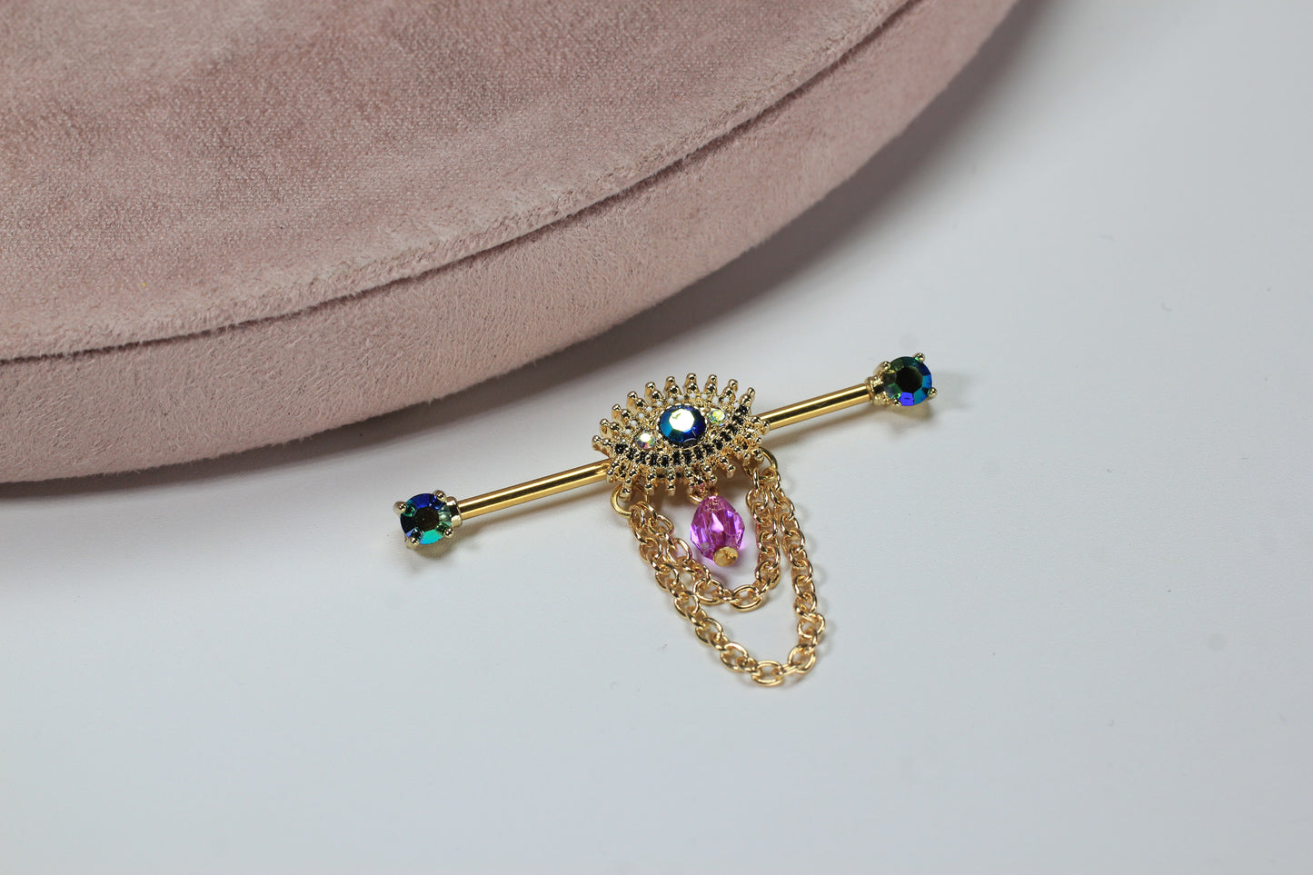 Evil Eye Dangling Industrial Barbell.
