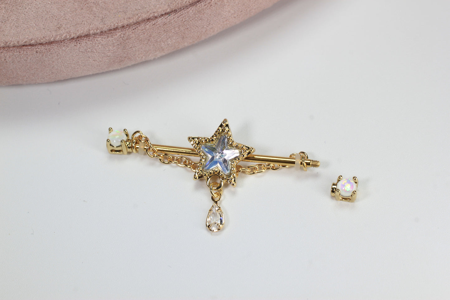 14G Gold Star Industrial Barbell with Chain, Dainty Dangling Star Industrial Piercing, 35mm Cartilage Scaffold Barbell Jewelry