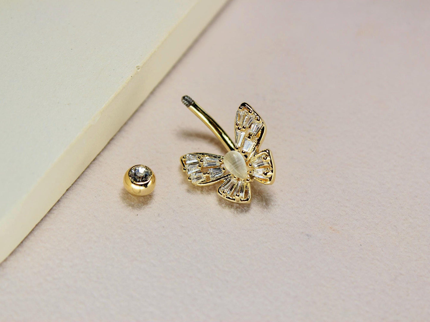 Gold Butterfly Belly Ring, 14G Dainty Belly Piercing, Baguette Gem Decor Navel Body Jewelry, Floating Belly Ring