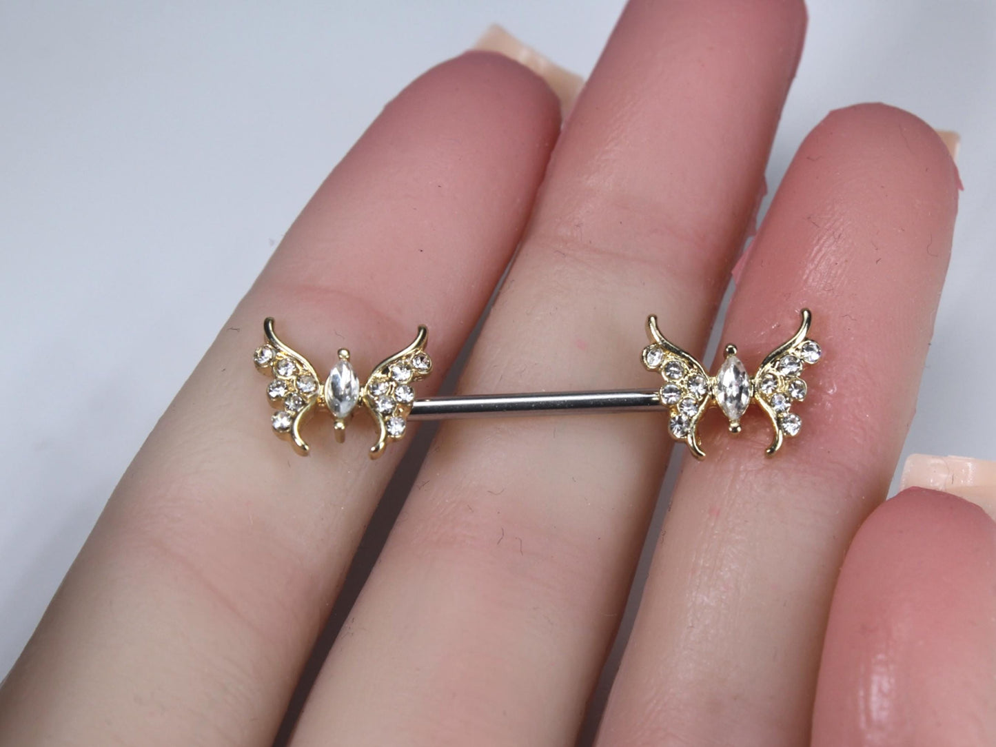 14G Gold Butterfly Nipple Barbell Jewelry, Pair of Sparkling Butterfly Nipple Ring Piercing, Nipple Piercing Jewelry, Customized Nipple Ring