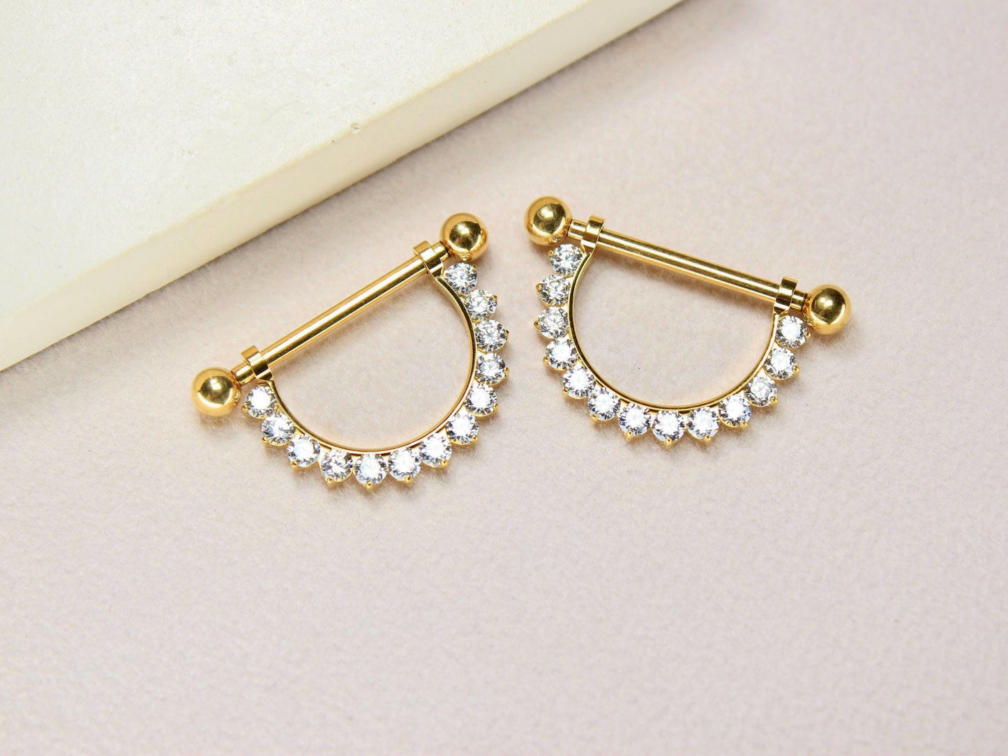 14G Titanium Nipple Barbell, Internally Threaded Gold Dangling Nipple Ring Piercing, Pair of Sparkling CZ Nipple Ring Body Jewelry