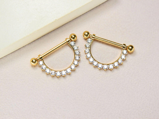 14G Titanium Nipple Barbell, Internally Threaded Gold Dangling Nipple Ring Piercing, Pair of Sparkling CZ Nipple Ring Body Jewelry