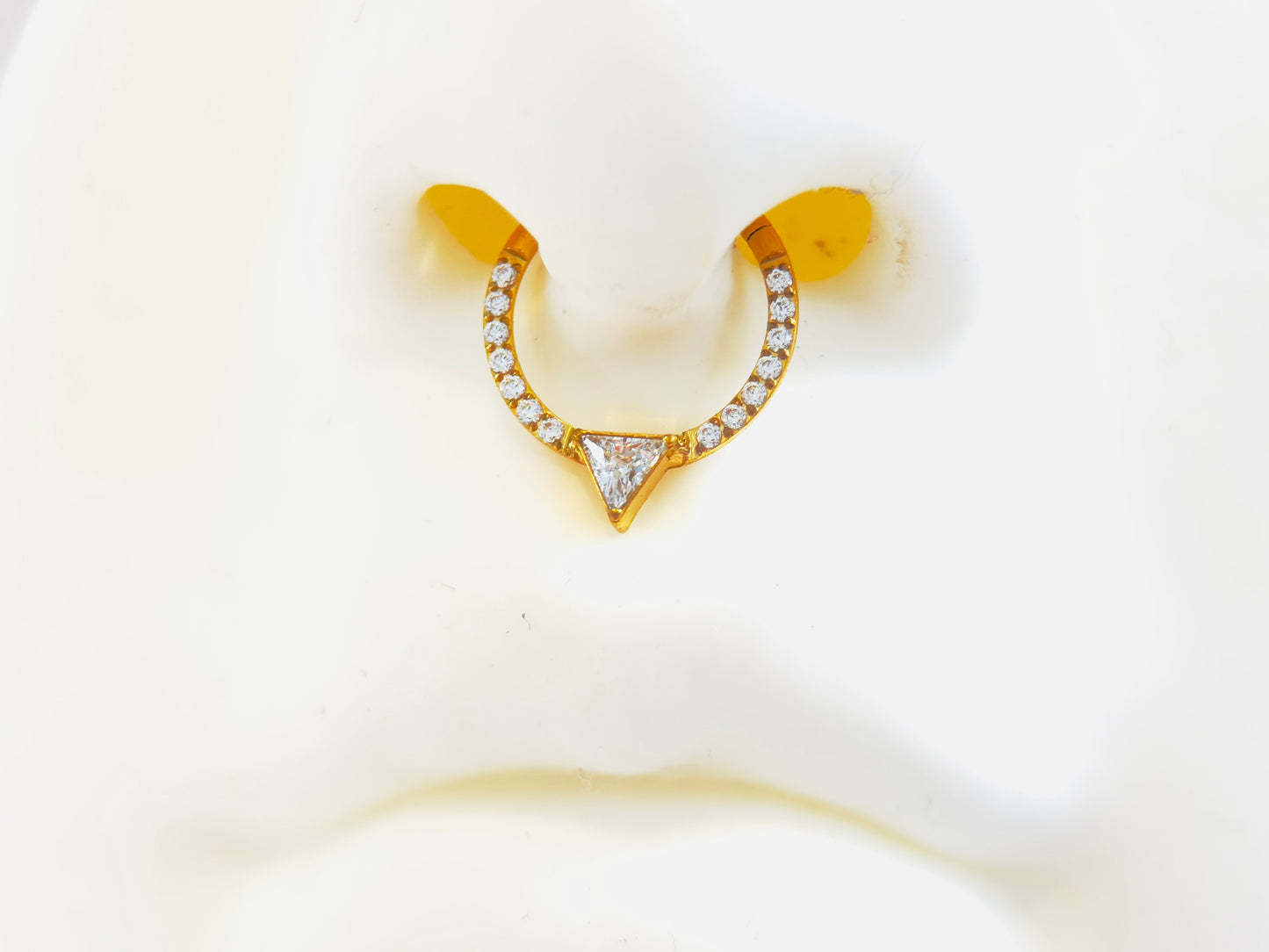 16g Gold CZ Sparkling Multi-Gem Septum Ring. V cut shaped clicker hoop ring. Clear Gem Seamless Septum Ring.