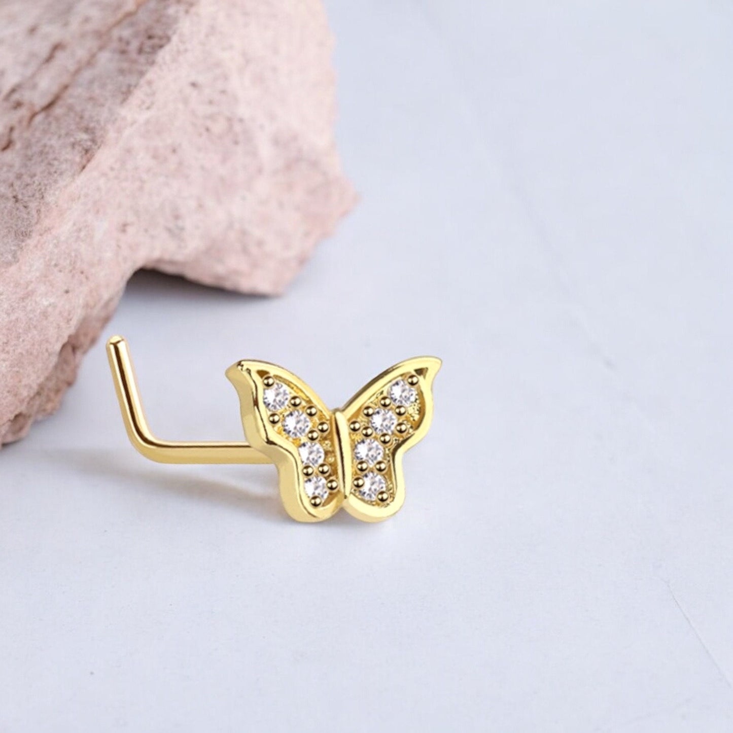 Gold Butterfly Nose Stud, 20g Dainty CZ Decor Butterfly Nose Piercing Body Jewelry, L shape Nose Piercing Ring, Thin Nose Stud Jewelry.