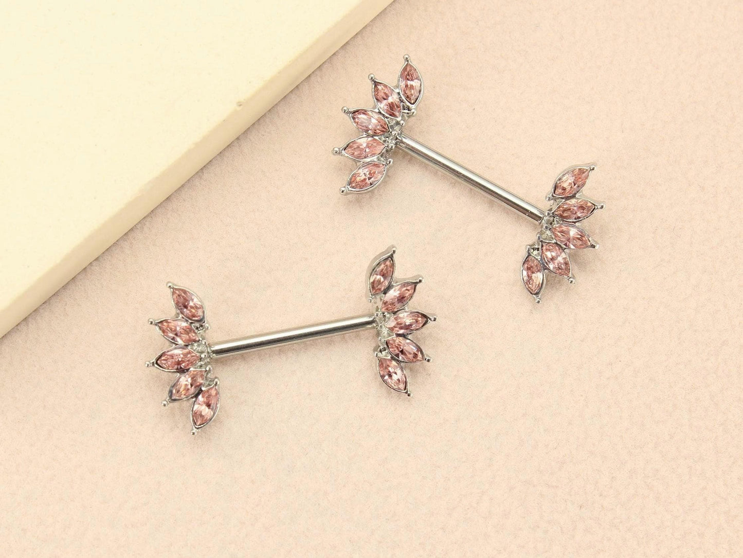 Pink Marquise Nipple Barbell, 14G Floral Petal Leaf Nipple Ring Jewelry, Pair of Leaf Nipple Piercing Jewelry, Body Piercing Jewelry