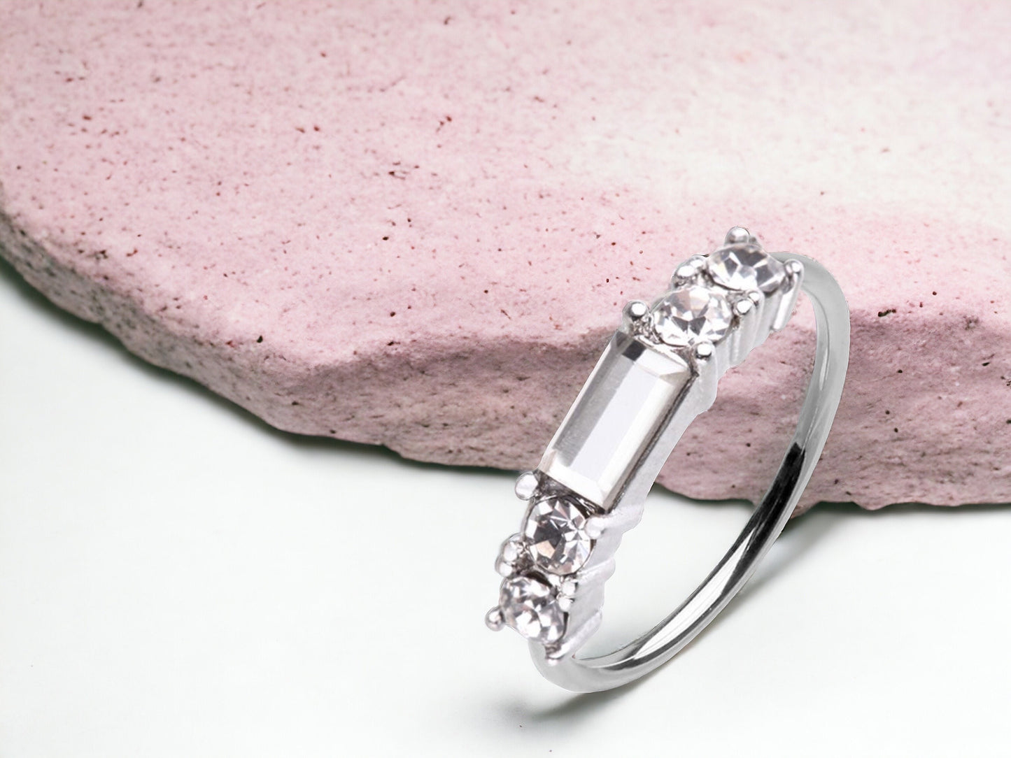 20G Silver Baguette Gem Nose Ring – Dainty Sparkling Bendable Nose Hoop, Silver Nose Piercing Jewelry