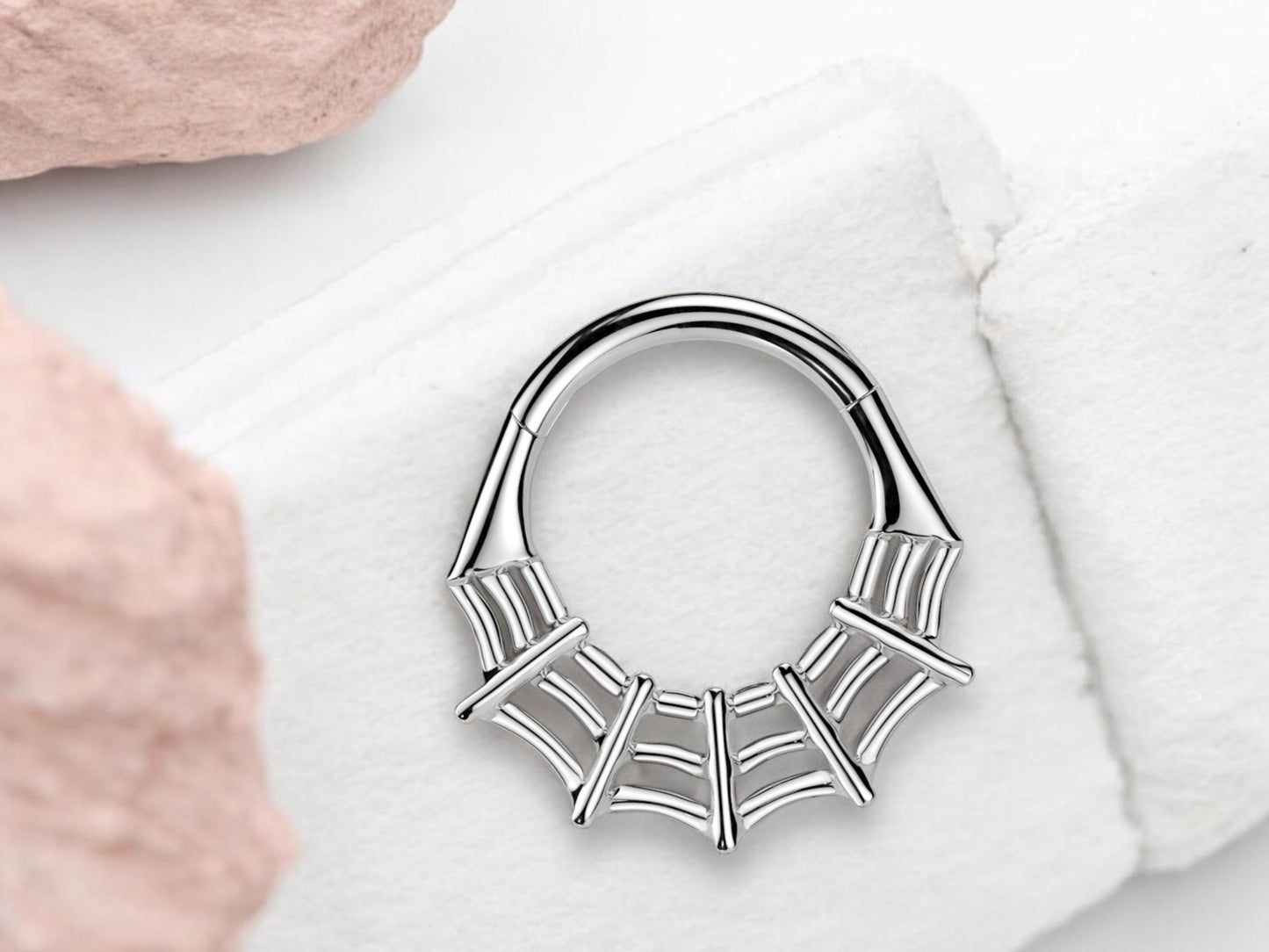 16G Spider Web Septum Clicker Ring, Silver Hinged Segment Septum Hoop Ring, Halloween Body Piercing Jewelry,Spider Daith,Cartilage Hoop