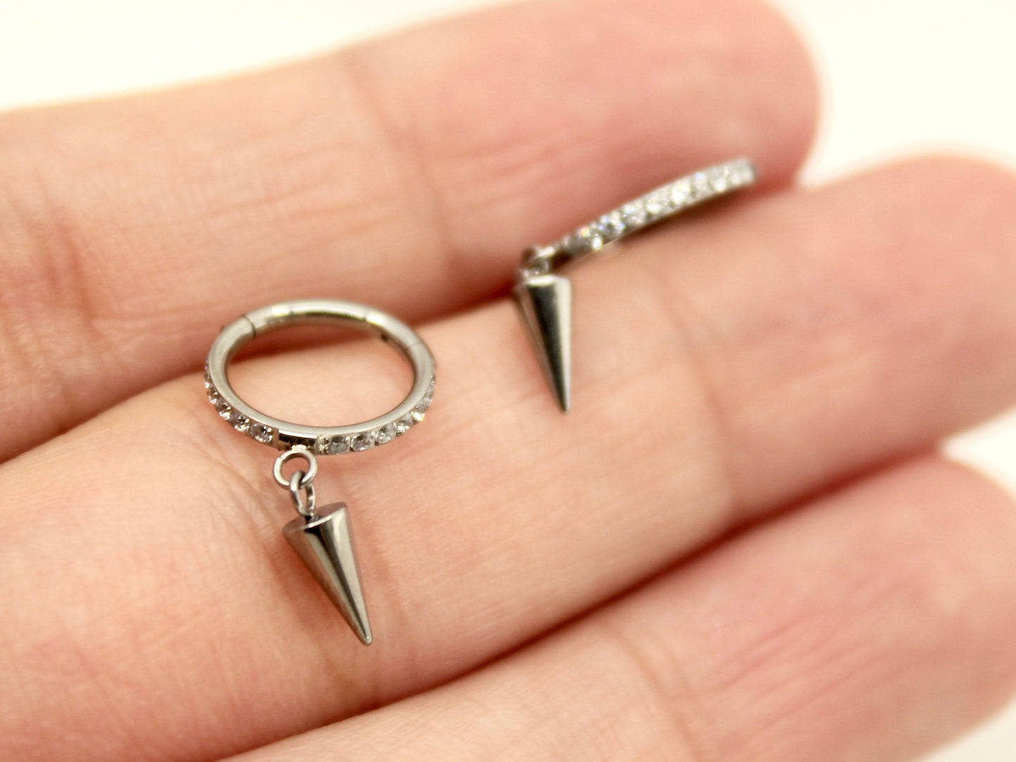 Silver Spike Dangle Hoop Ring, CZ Conch Hoop Clicker Ring, Conch Piercing Hoop Ring, Titanium Septum Daith Cartilage Piercing Earring