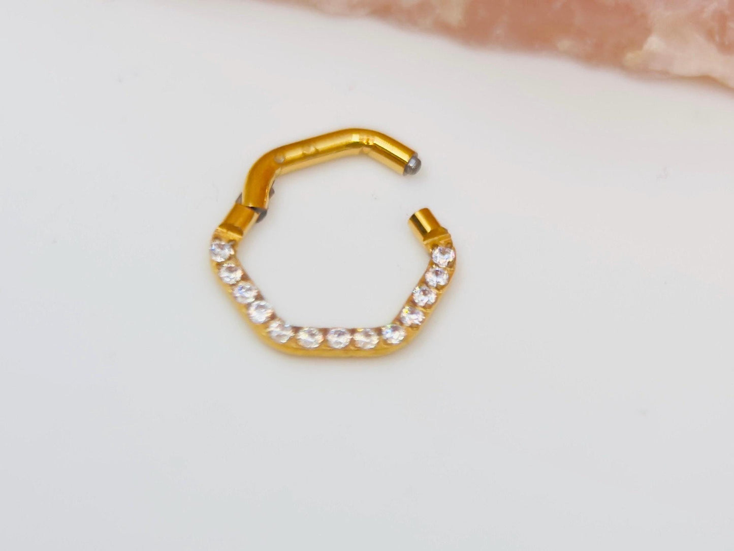 16g Gold Hexagon Septum Ring with CZ Crystals, Elegant Gold Nose Ring, Dainty Hinged Septum Clicker, Hypoallergenic Nose Piercing Jewelry