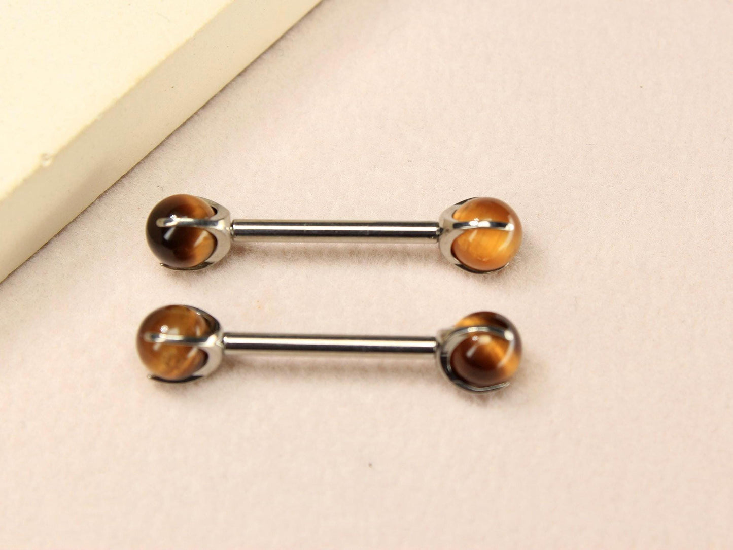 Tiger Eye Titanium Nipple Barbell, 14G Internally Threaded Nipple Piercing Ring, Custom Body Jewelry