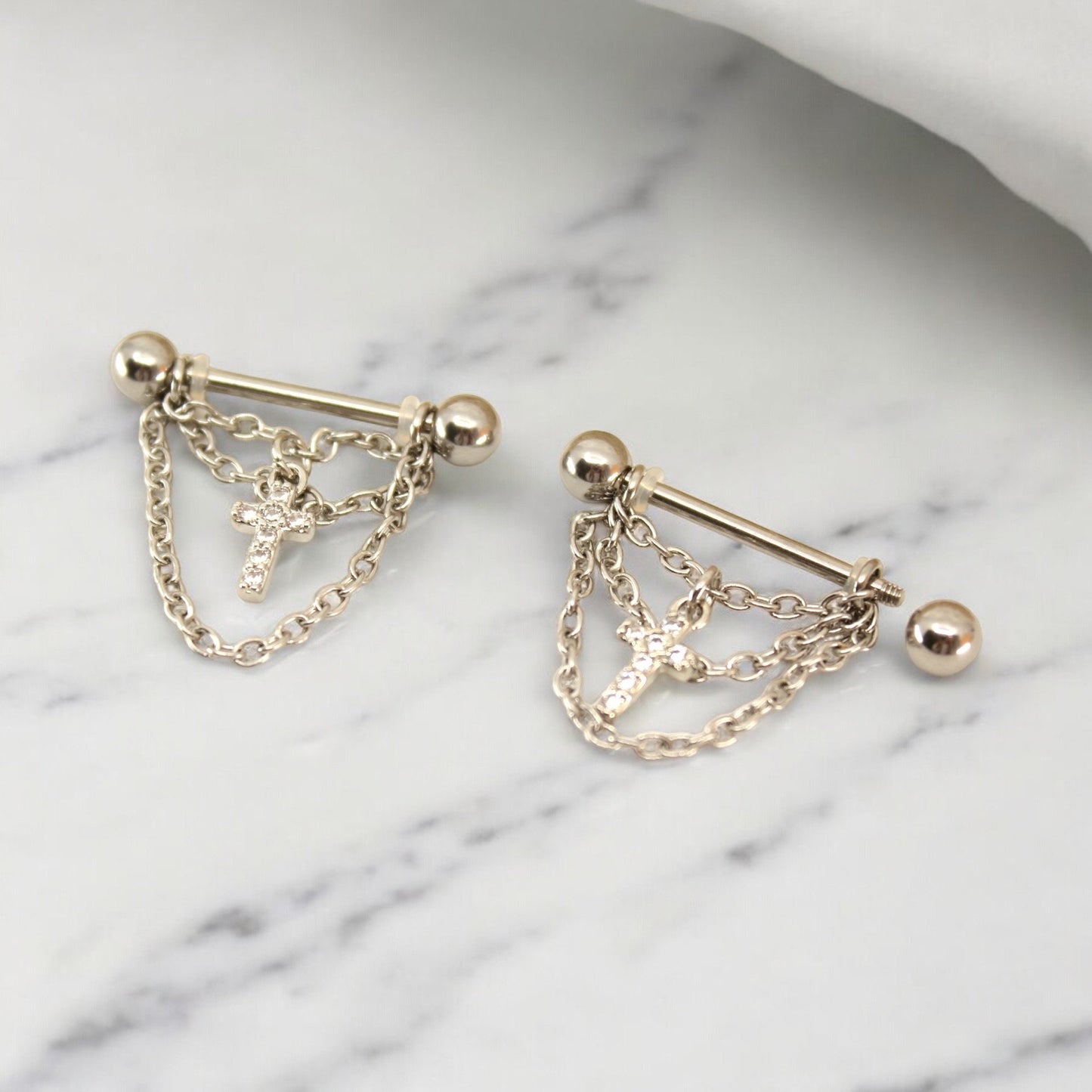 NEW • Silver Dangle Chain Nipple Ring, Cz Cross Dangle Chain Decor Nipple Piercing Barbell, 14g Nipple Ring Body Jewelry, Set of 2 Barbell