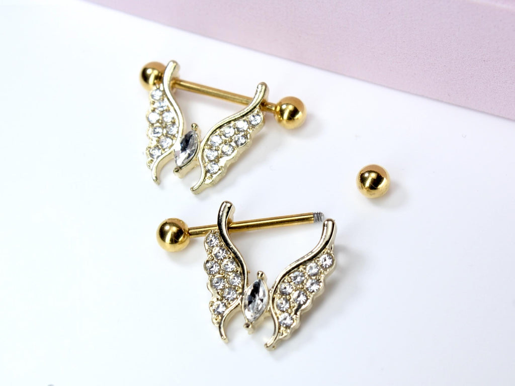 Gold Butterfly Nipple Ring, 14G Sparkling Butterfly Decor Nipple Piercing Jewelry, Set of 2 Gold Butterfly Nipple Ring Piercing Jewelry