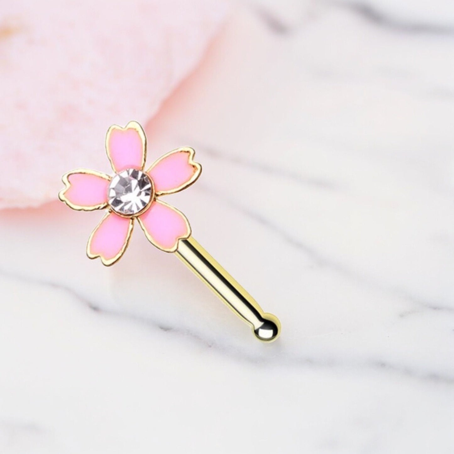 Flower Nose Stud, Pink Floral Decor Top Nose Piercing Stud Ring. Nose Bone Stud, 20g Thin Nose Ring