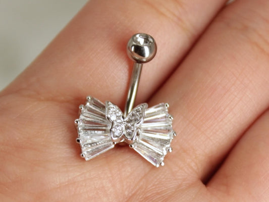 Silver Dainty Butterfly Belly Button Ring, 14g Bow Style Marquise Gem Belly Piercing Ring, Navel Piercing Jewelry