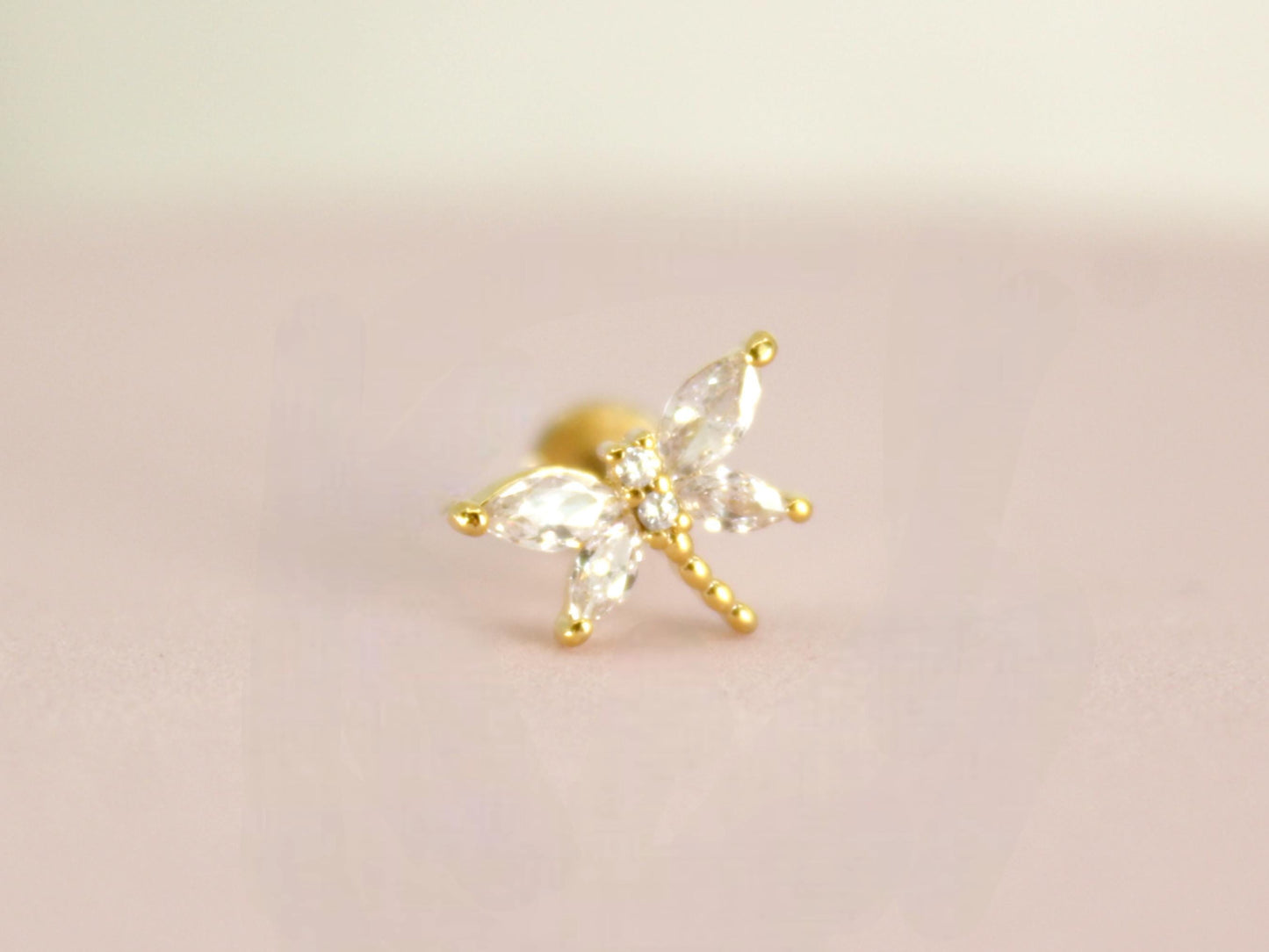 18G Dainty Dragonfly Push In Labret,Titanium Flat Back Stud, Gold Dragonfly Threadless Cartilage, Conch, Tragus Push in Stud.