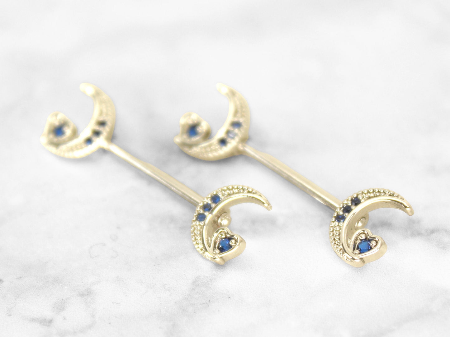 Crescent Moon Nipple Ring, Blue Sapphire Gem Crescent Moon & Heart Nipple Piercing Jewelry Barbell, 14g Nipple Ring Body Jewelry
