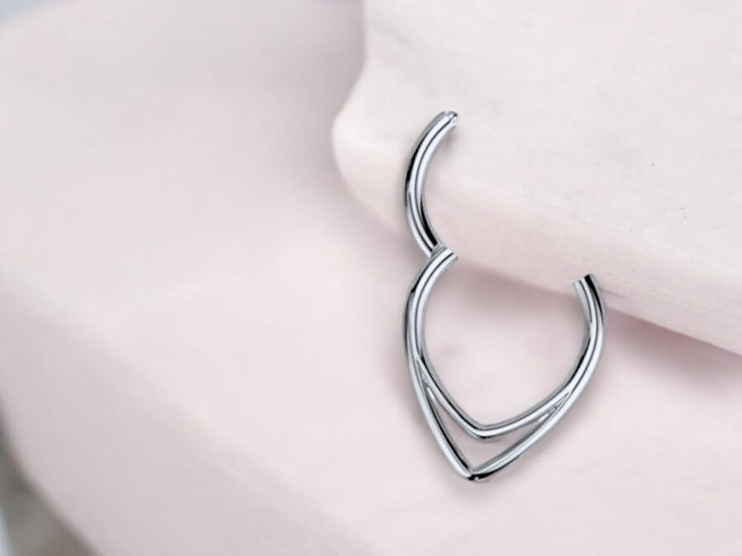 16g Chevron Septum Ring, Titanium Double Line V Shape Septum Clicker Hoop Ring, Silver Hinged Segment Septum, Nose Piercing Body Jewelry