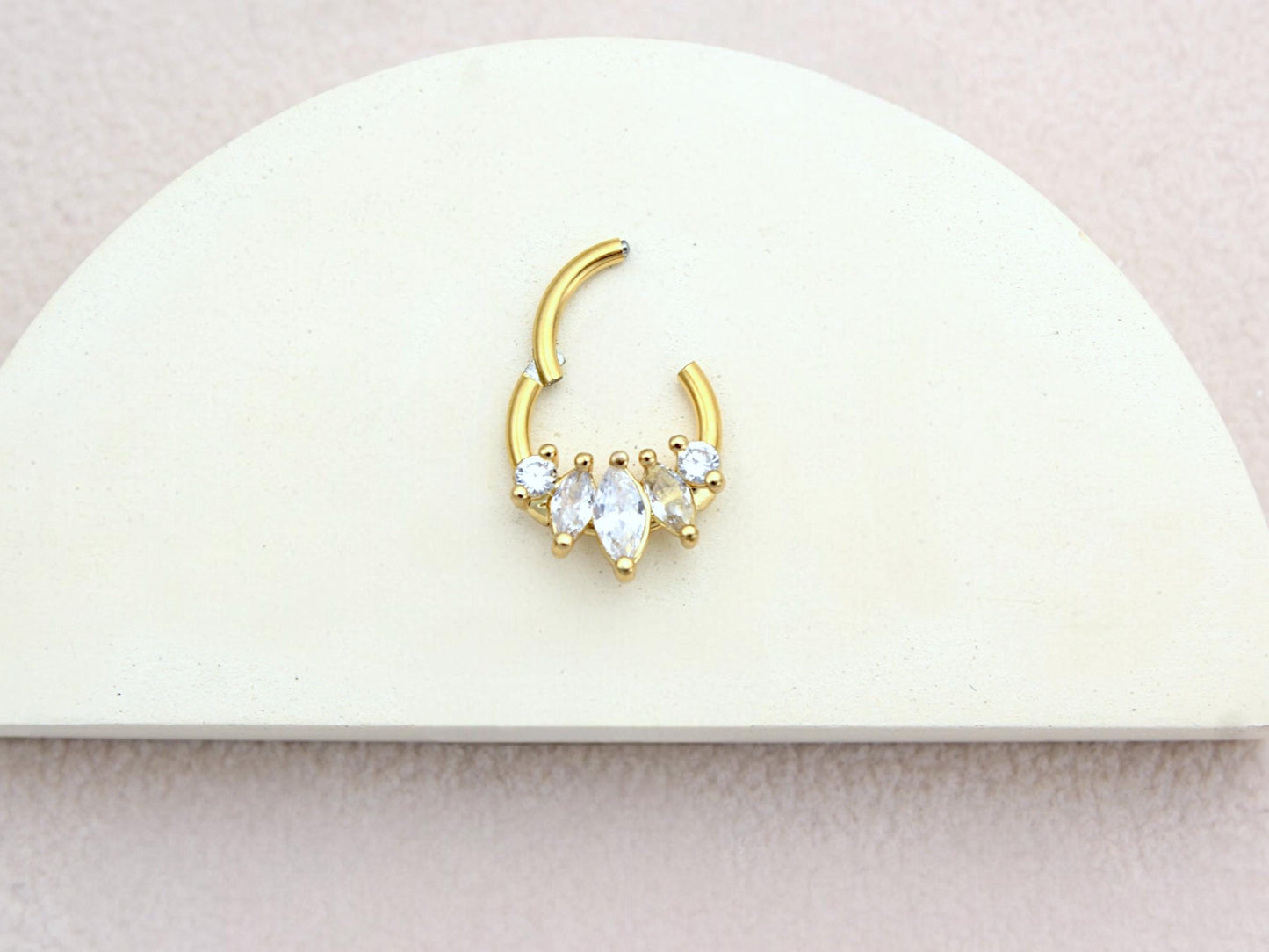 16G Gold Septum Clicker Ring, Dainty Gold Marquise Septum Hinged Hoop Ring, Gold Nose Piercing, Septum Piercing Jewelry