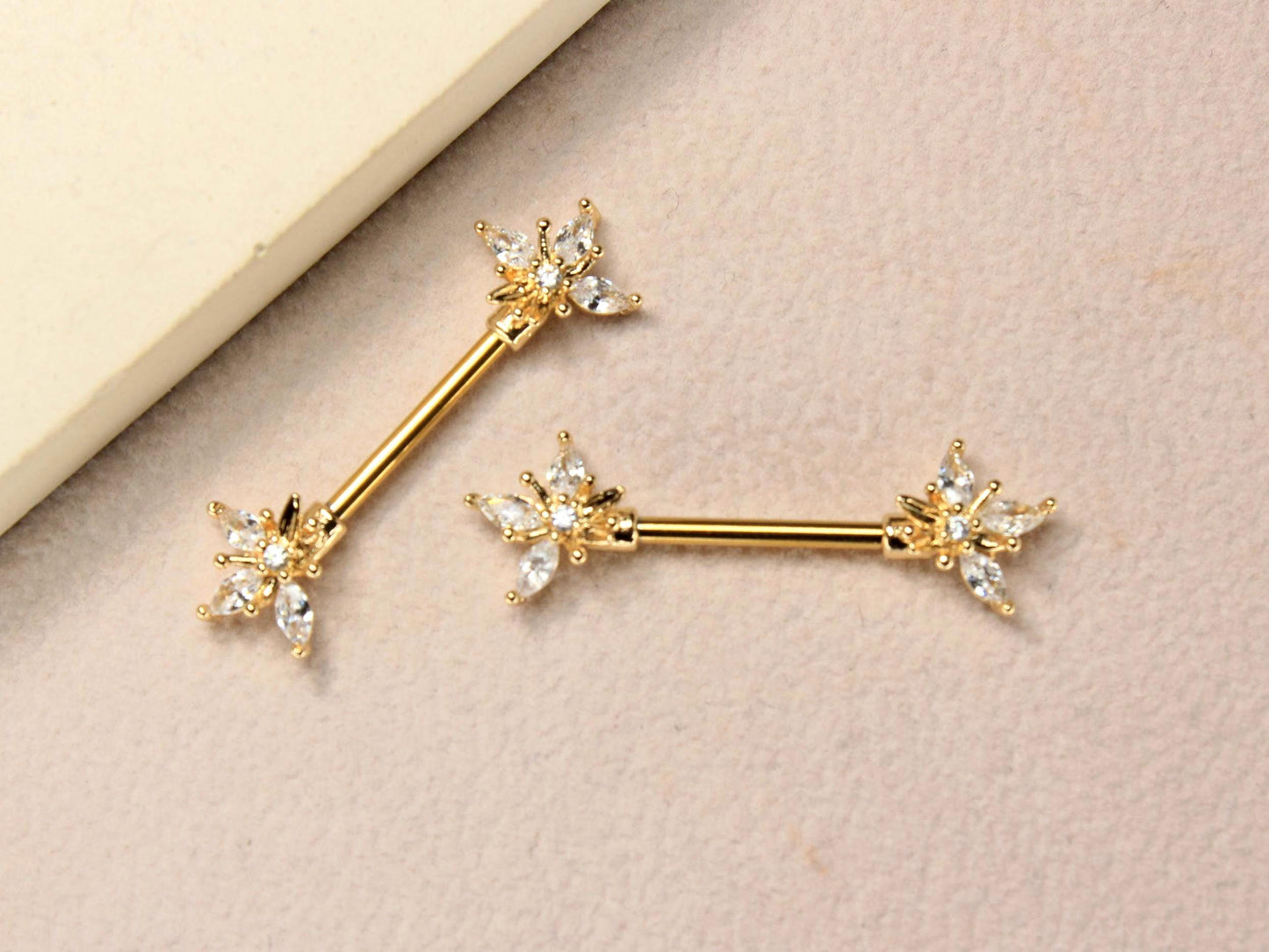 14G Gold Marquise Leaf Nipple Barbell, Pair of Floral Petal End Clear Gem Gold Nipple Piercing Jewelry, Body Piercing Jewelry,